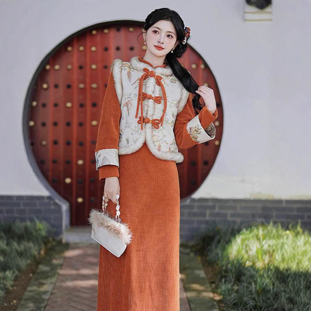 新中式百搭高级感国风盘扣马甲改良旗袍两件套装裙女2024新款秋冬