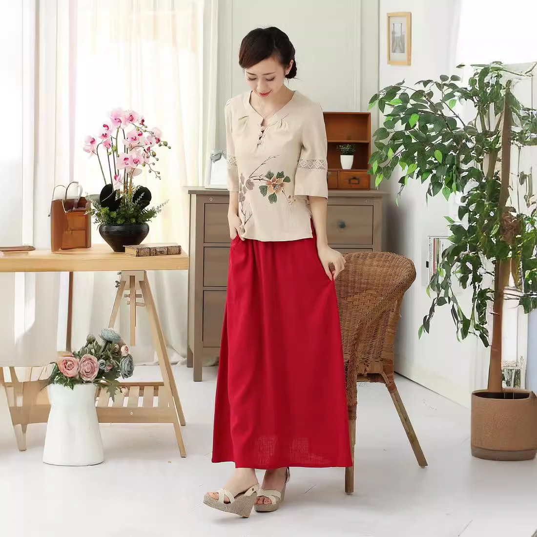 中国风复古插袋松紧腰大