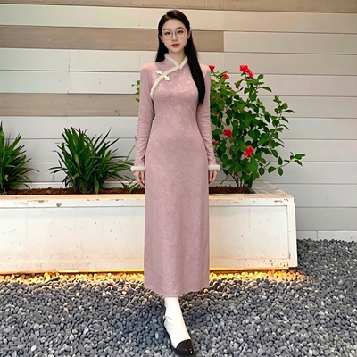 加绒加厚紫色新中式改良旗袍秋冬