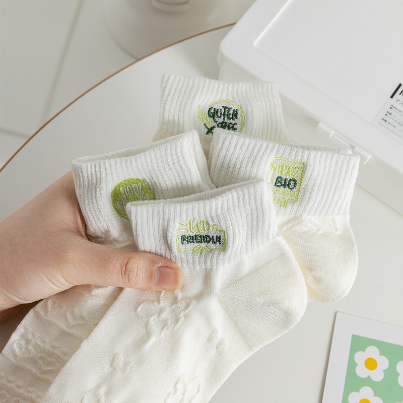 白色女春夏季透气船袜浮雕刺绣字母ins网红日系纯棉袜子