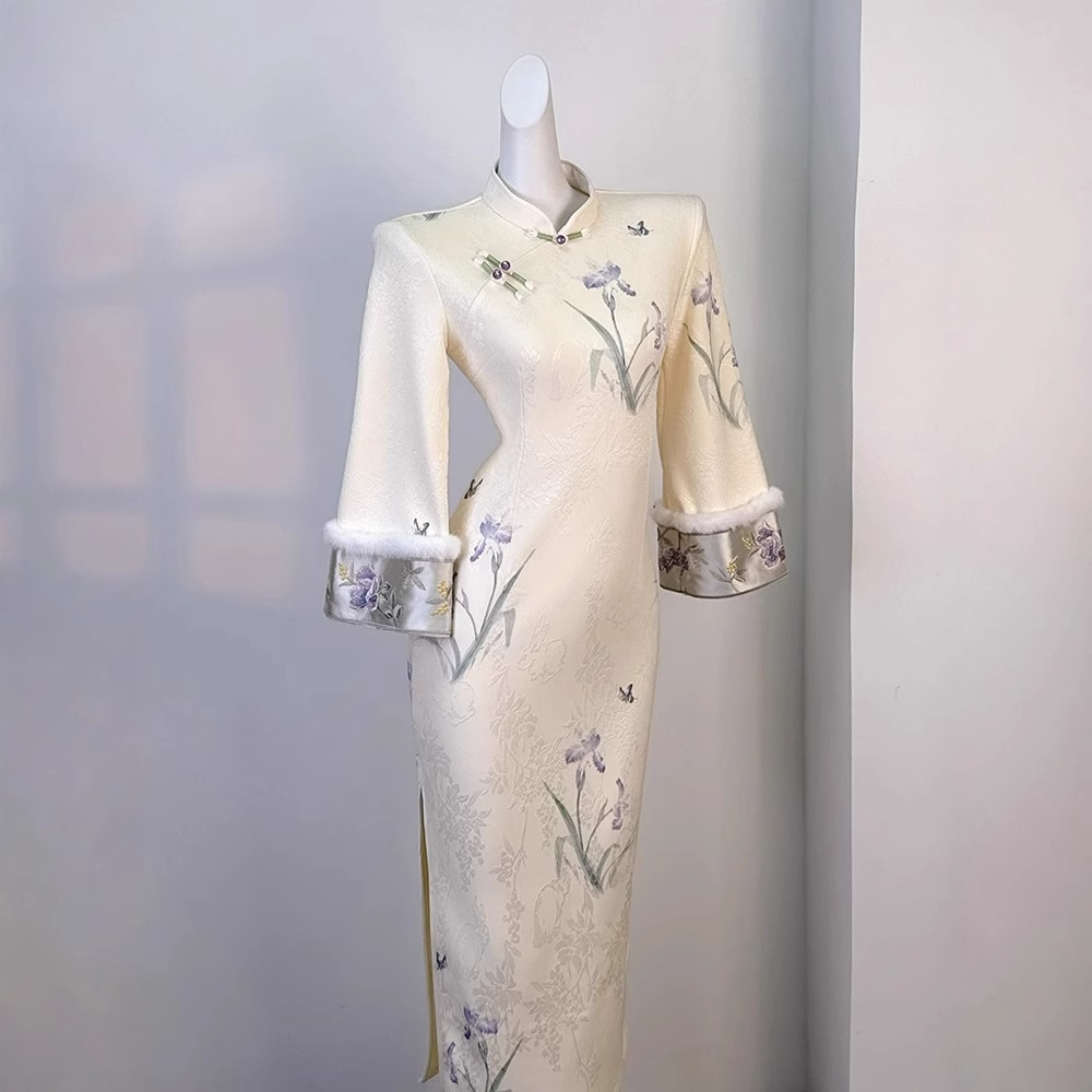 复古民国风新中式旗袍改良日常保暖毛毛加绒印花连衣裙秋冬季