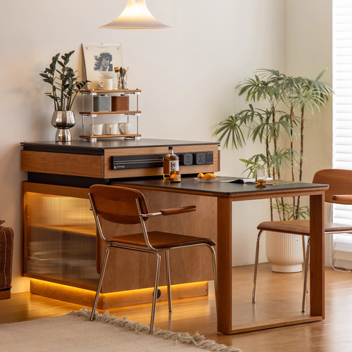 湖心岩板岛台餐桌一体可伸缩实木多功能家用小户型厨房吧台组合