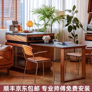 湖心岩板岛台餐桌一体可伸缩实木多功能家用小户型厨房吧台组合