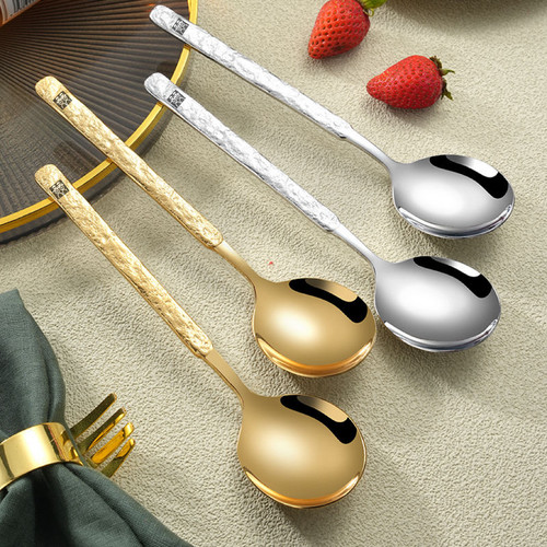 特厚日式锤纹圆头勺304不锈钢勺