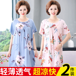 中老年棉绸睡裙女短袖睡衣夏天宽松妈妈人造棉绵绸连衣裙大码薄款