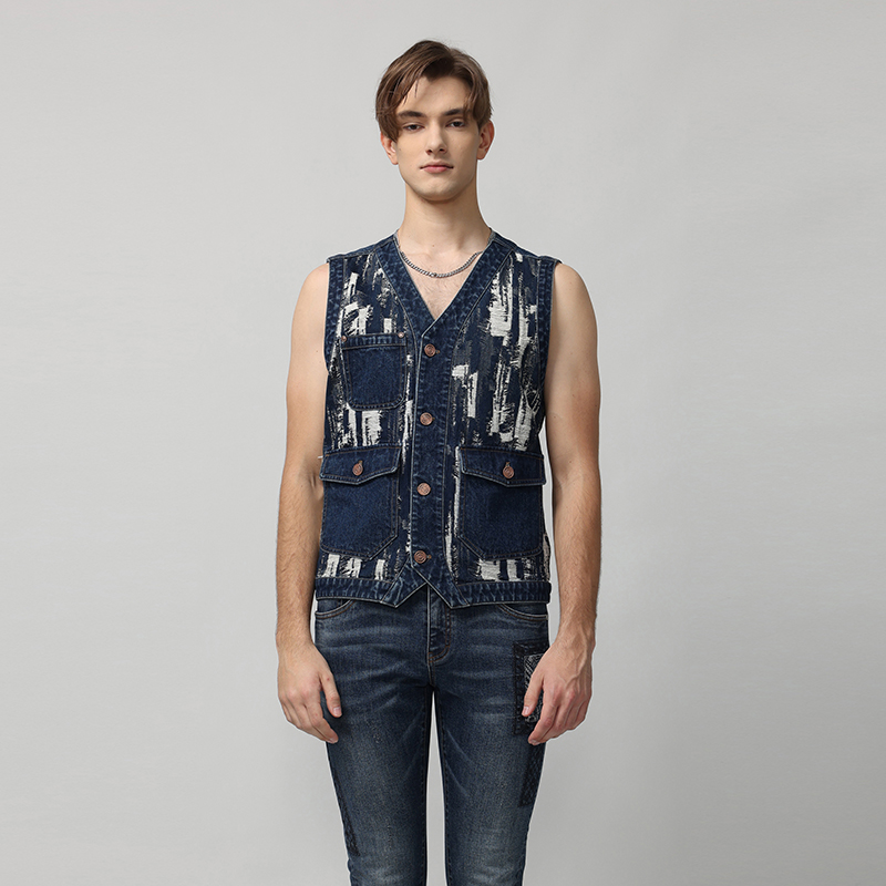 RARE威雅男装秋冬新款仿破洞提花蓝色牛仔马甲