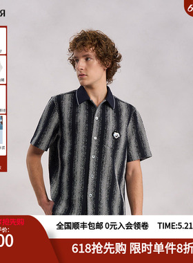 RARE威雅男装夏季藏青白色交织渐变挑孔古巴领短袖衬衫男
