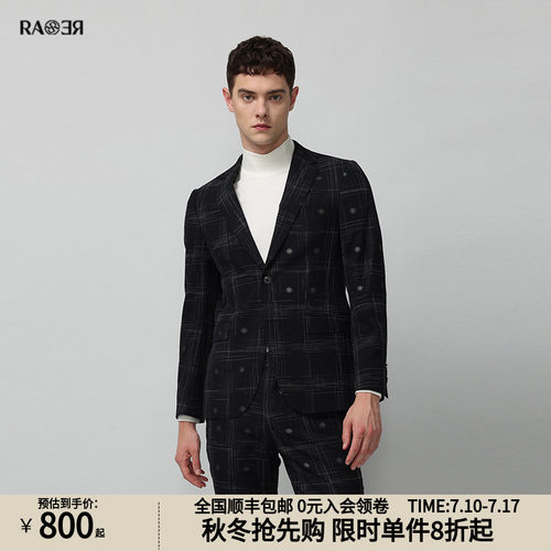 RARE威雅男装奥莱秋冬男士黑色格纹正装绅士西服外套