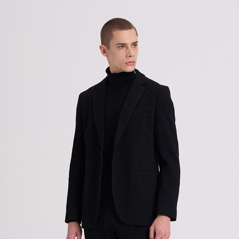 RARE威雅男装秋冬奥莱 黑色外套水波纹肌理羊毛针织休闲西服