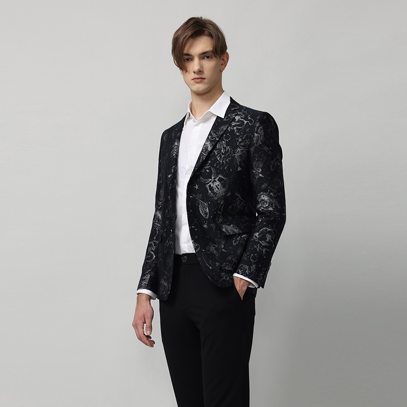 RARE威雅男装奥莱秋冬新款星座提花藏青色男士休闲款西服外套