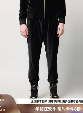 RARE威雅男裤奥莱秋冬男卫裤黑色压皱丝绒撞金色细节针织裤