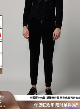 RARE威雅男裤奥莱春秋男卫裤满身LOGO激光黑色丝绒针织裤
