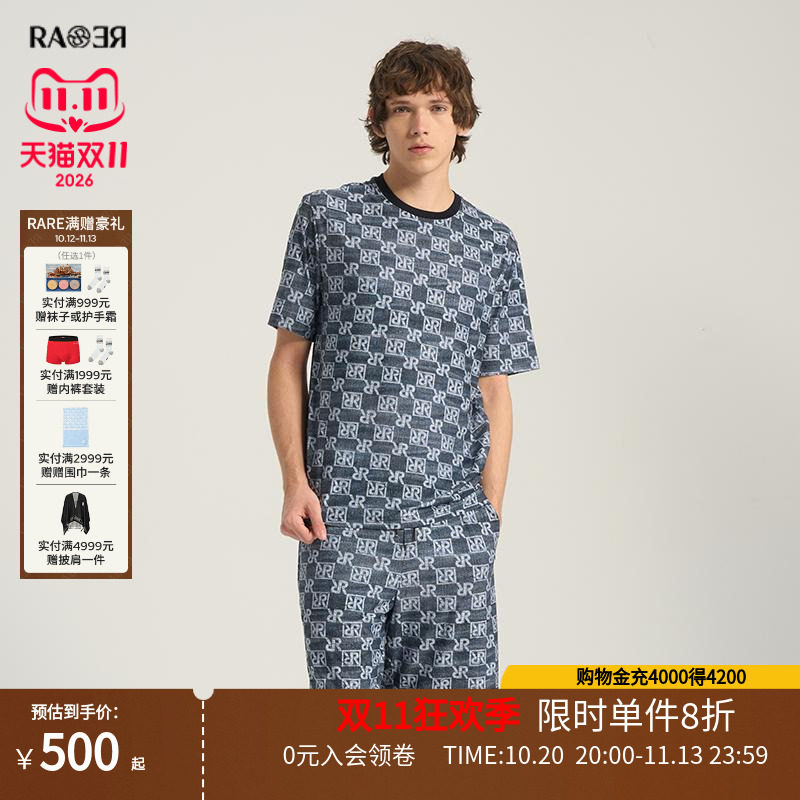 RARE威雅男装夏季短T舒适休闲风男满版仿牛仔方格印花圆领短袖T恤