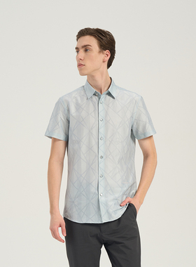 RARE威雅男装夏季新款灰绿色舒适休闲丝棉混纺男士短袖衬衫