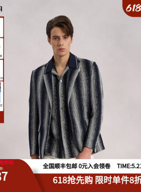 RARE威雅男装春夏藏青白色交织渐变竖条梭织休闲西服外套