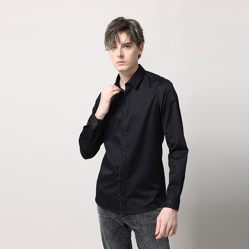 RARE威雅男装奥莱秋冬新款男士门襟隐约幻彩珠片绣花黑色长袖衬衫