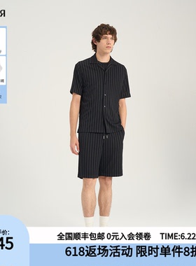 RARE威雅男装夏季黑色舒适休闲风清凉纯色竖条纹提花短袖衬衫
