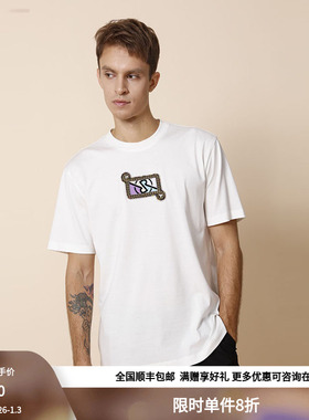 RARE威雅男装奥莱夏季男士蓟紫色系列串珠秀圆领白色短袖T恤
