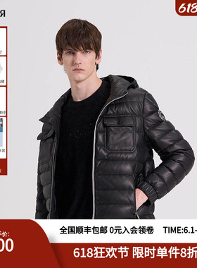 RARE威雅男装秋冬奥莱【鹅绒】皮衣外套连帽黑色羊皮革羽绒服