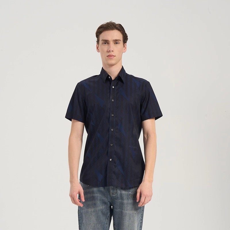 RARE威雅男装夏季户外经典新款藏青色几何块提花衬衣男士短袖衬衫