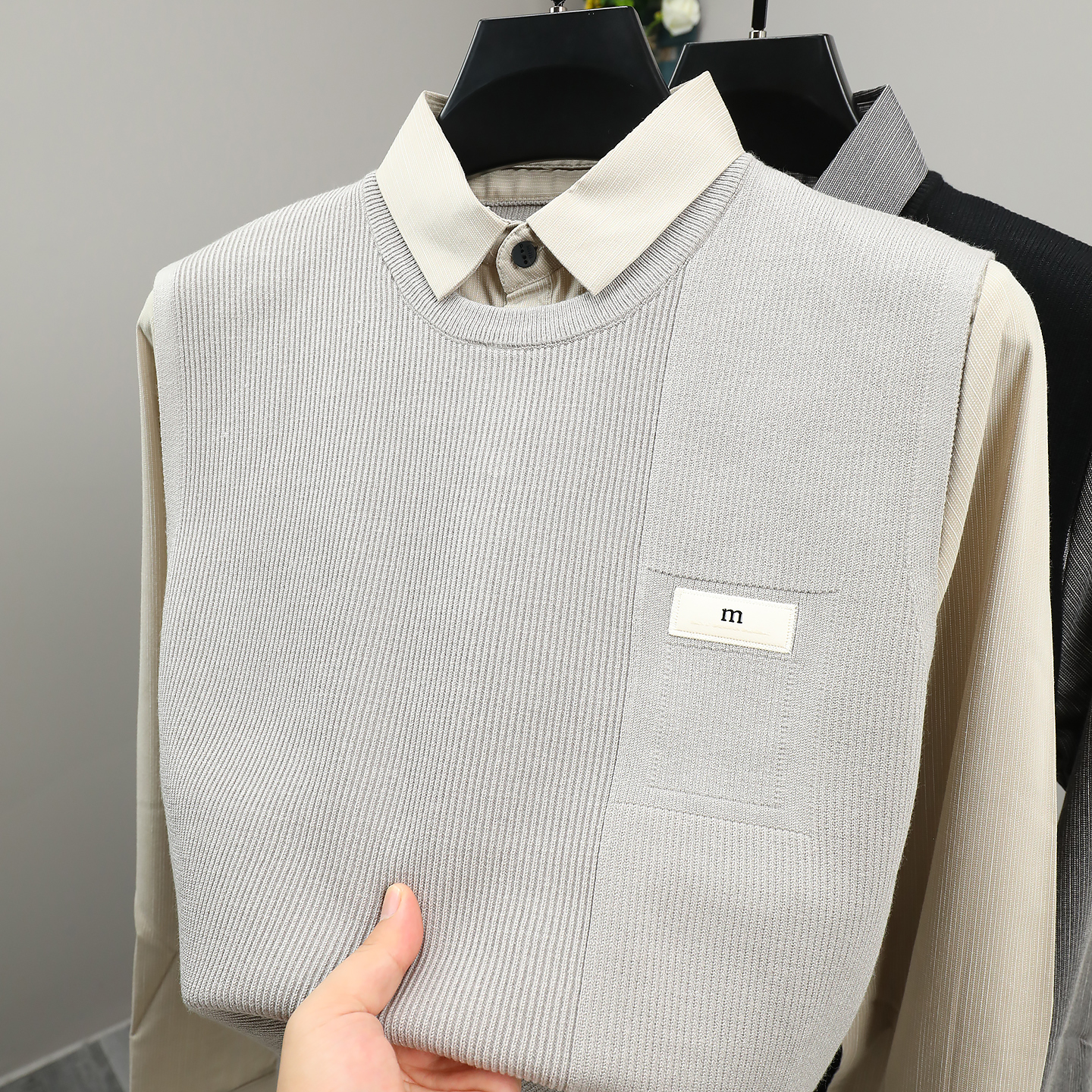 高端假两件毛衣男衬衫领