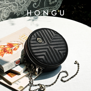 HONGU/红谷小圆包链条小猪包格纹圆盒包包女经典百搭休闲款小众包
