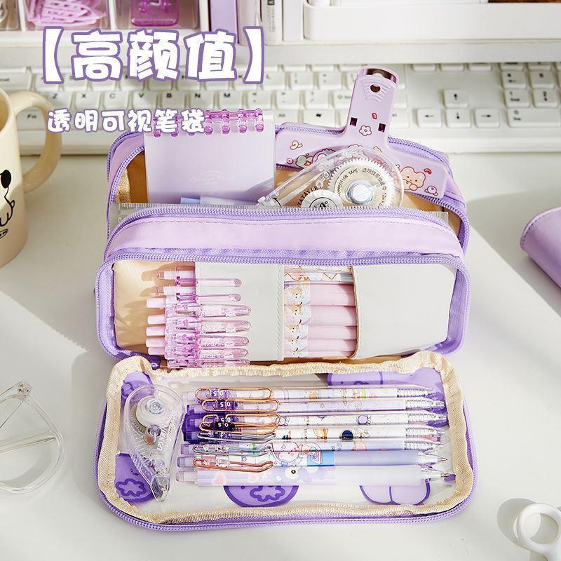Large Capacity Pencil Case 3 Compartment Pouch Pen Bag Doubl