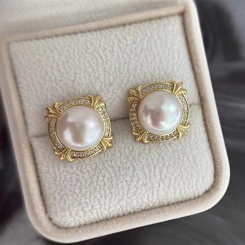 S925 Silver Needle Button Earrings Gentle Retro Pearl Niche