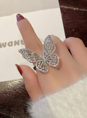 Women's Big Butterfly with Leaf Opening Ring欧美女大蝴蝶