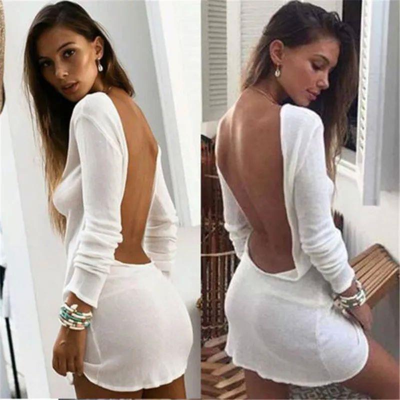 Women Sexy Backless Bodycon Mini Dress Solid Color Round Nec