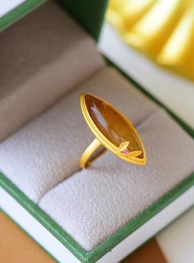 天然糖玉马眼戒指大气秀美复古古法金鎏金工艺可调节大小送情人