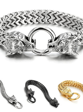 欧美爆款不锈钢复古个性维京狼头手链狼头Franco Link锁链手链男