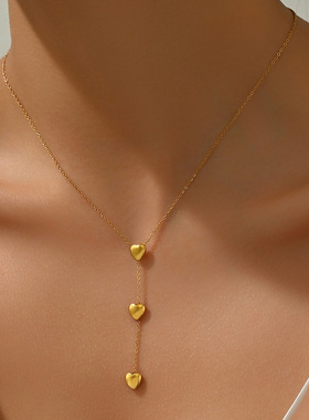 新款长款流苏爱心拼接吊坠钛钢不掉色项链 个性金色小桃心项链女