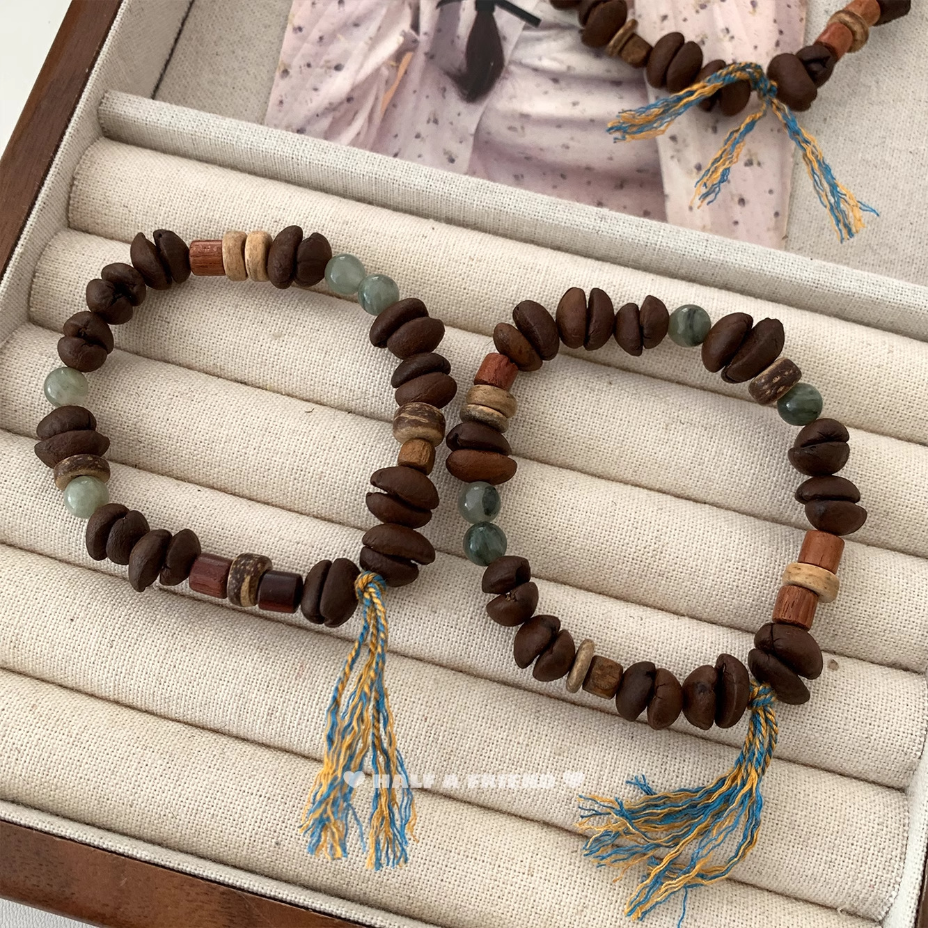 新中式手工天然（真）咖啡豆天然石百香籽檀木椰片拼接咖啡豆手串