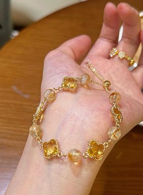 新款四叶草仿金发金晶水晶四叶草手链可调节手饰饰品女感ins