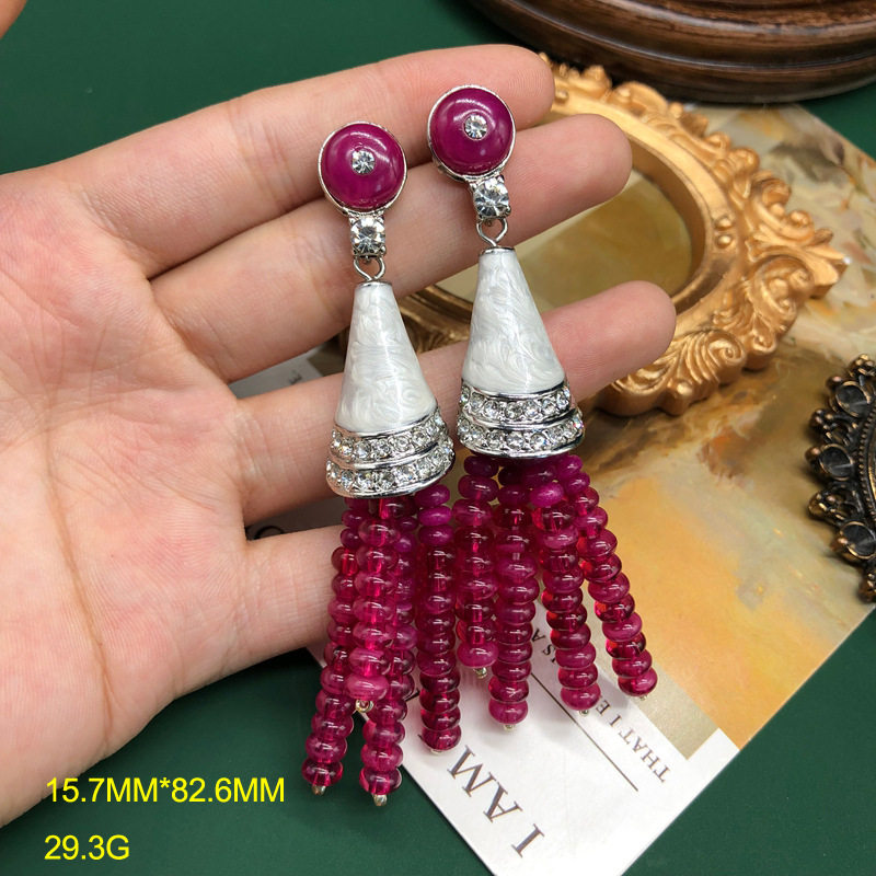 中古耳饰紫色算盘石头珠精致长款流苏耳环珐琅釉设计时尚百搭耳坠