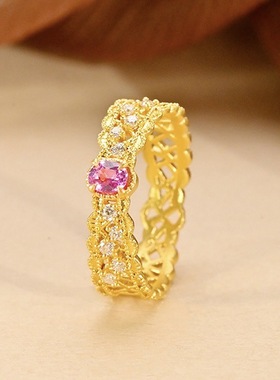 直播新款镶嵌玫红锆石蝴蝶结花丝戒指开口女甜美仙女轻奢气质