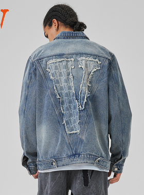 VLONE 大logo系列 背面大v破坏风贴布翻领开衫牛仔外套 男女同款