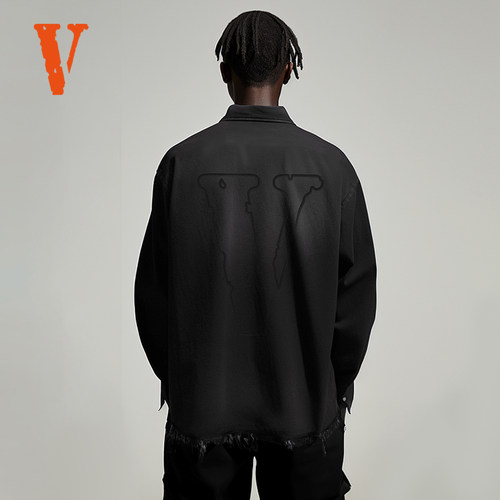 VLONE美式经典刺绣标语大LOGO渐变水洗破坏毛边牛仔衬衫情侣款