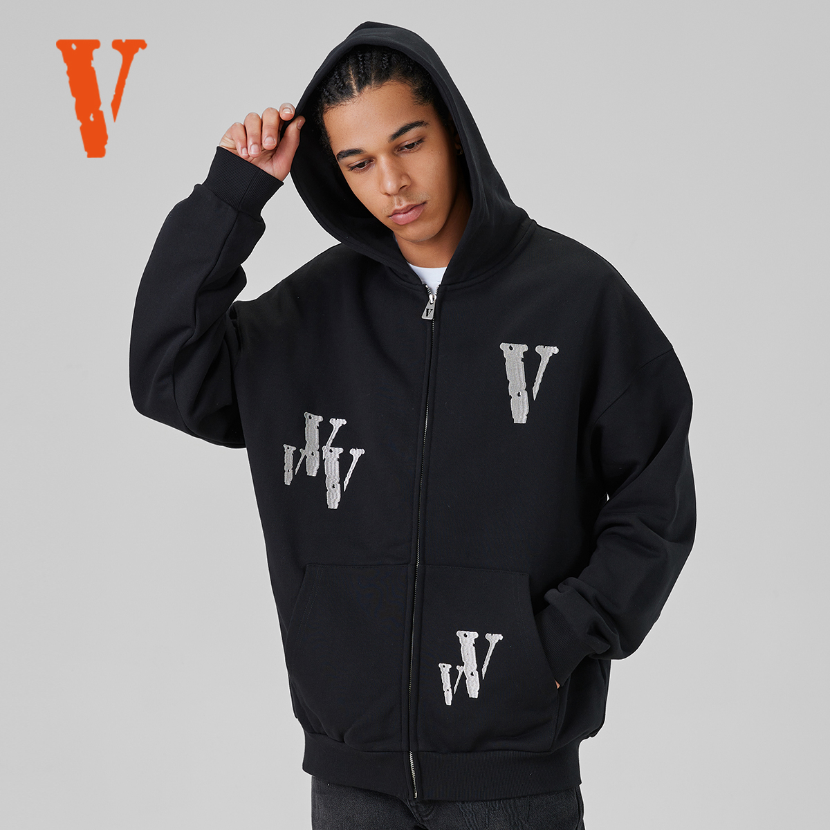 VLONE拼接Logo刺绣连帽开衫拉链卫衣 男女同款