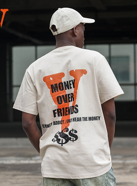 VLONE Logo印花字母图案圆领套头短袖T恤 男女同款 米橙色