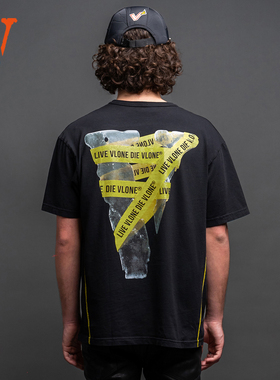 VLONE大V破界宣言撞色腰线做旧水洗T恤男女同款黑色V-00003
