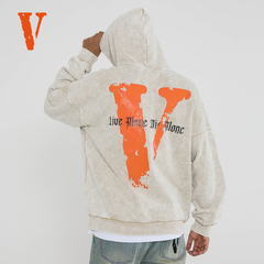 VLONE破坏大Logo印花 水洗宽松连帽卫衣 情侣款 米色 黑色