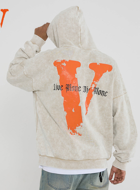 VLONE破坏大Logo印花 水洗宽松连帽卫衣 情侣款 米色 黑色