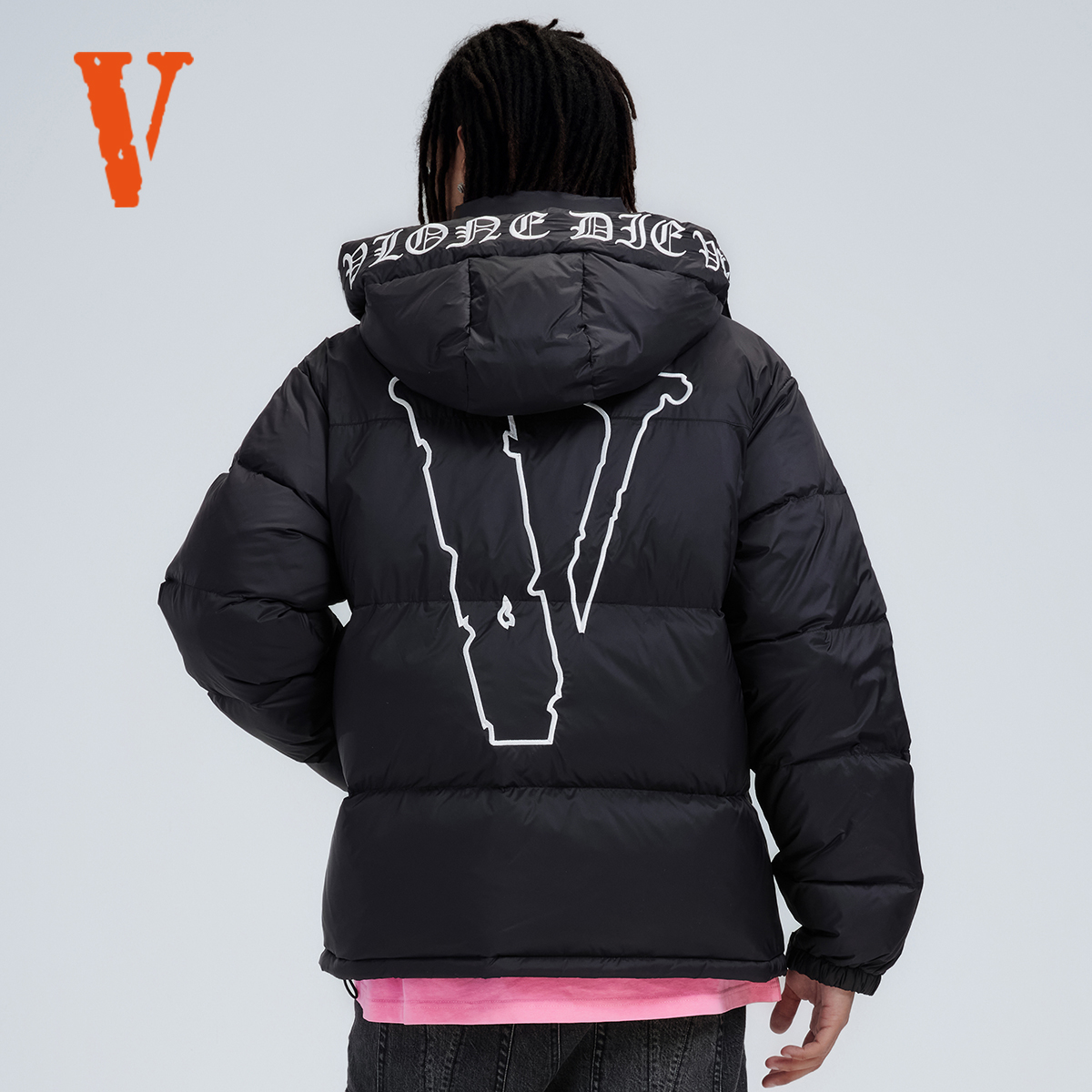 VLONE标语大LOGO刺绣可拆卸连帽面包服加厚羽绒服情侣款