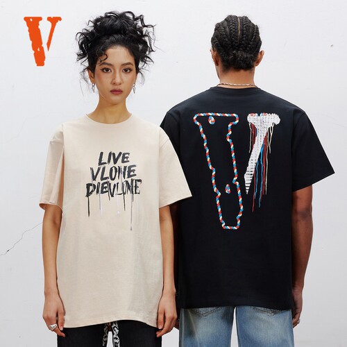 VLONE美式复古流苏体恤LOGO刺绣印花短袖街头潮牌T恤 男女同款