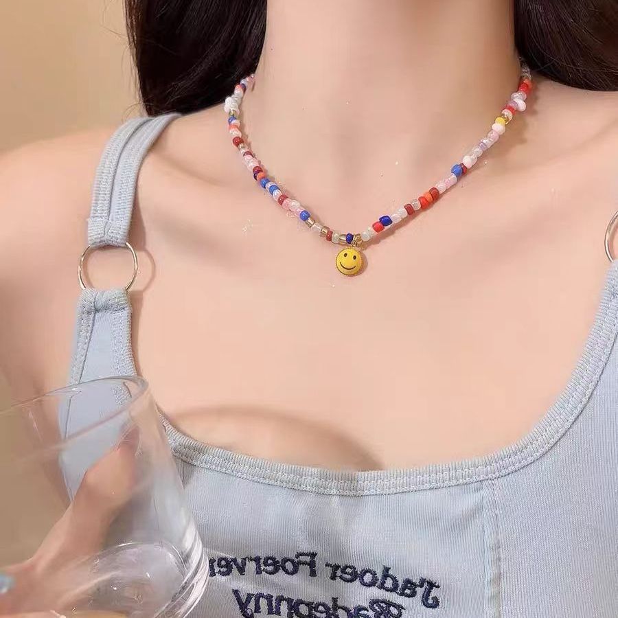 韩国春夏多巴胺彩色串珠笑脸项链女百搭锁骨链轻奢小众时尚颈链潮