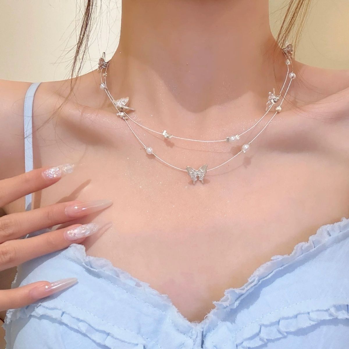 浪漫氛围感双层珍珠蝴蝶锁骨项链女ins简约时尚百搭温柔少女颈链