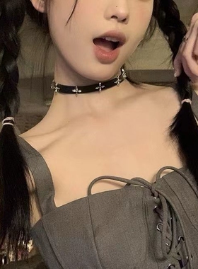 张元英同款暗黑朋克十字架皮带项链女短款choker项圈颈链锁骨链韩