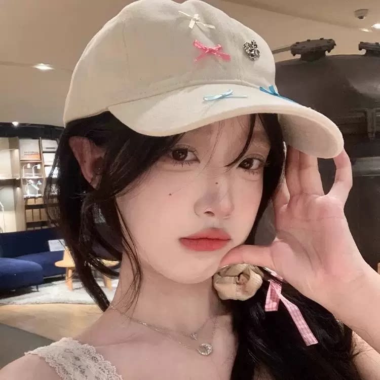 韩版甜妹蝴蝶结棒球帽子女显白小众时尚百搭可爱大头围防晒遮阳帽